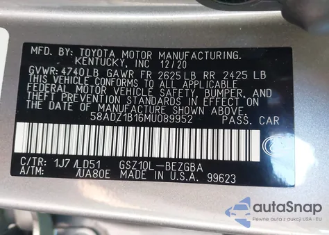 2021 Lexus Es 350 z USA, uszkodzony, nr VIN 58ADZ1B16MU089952